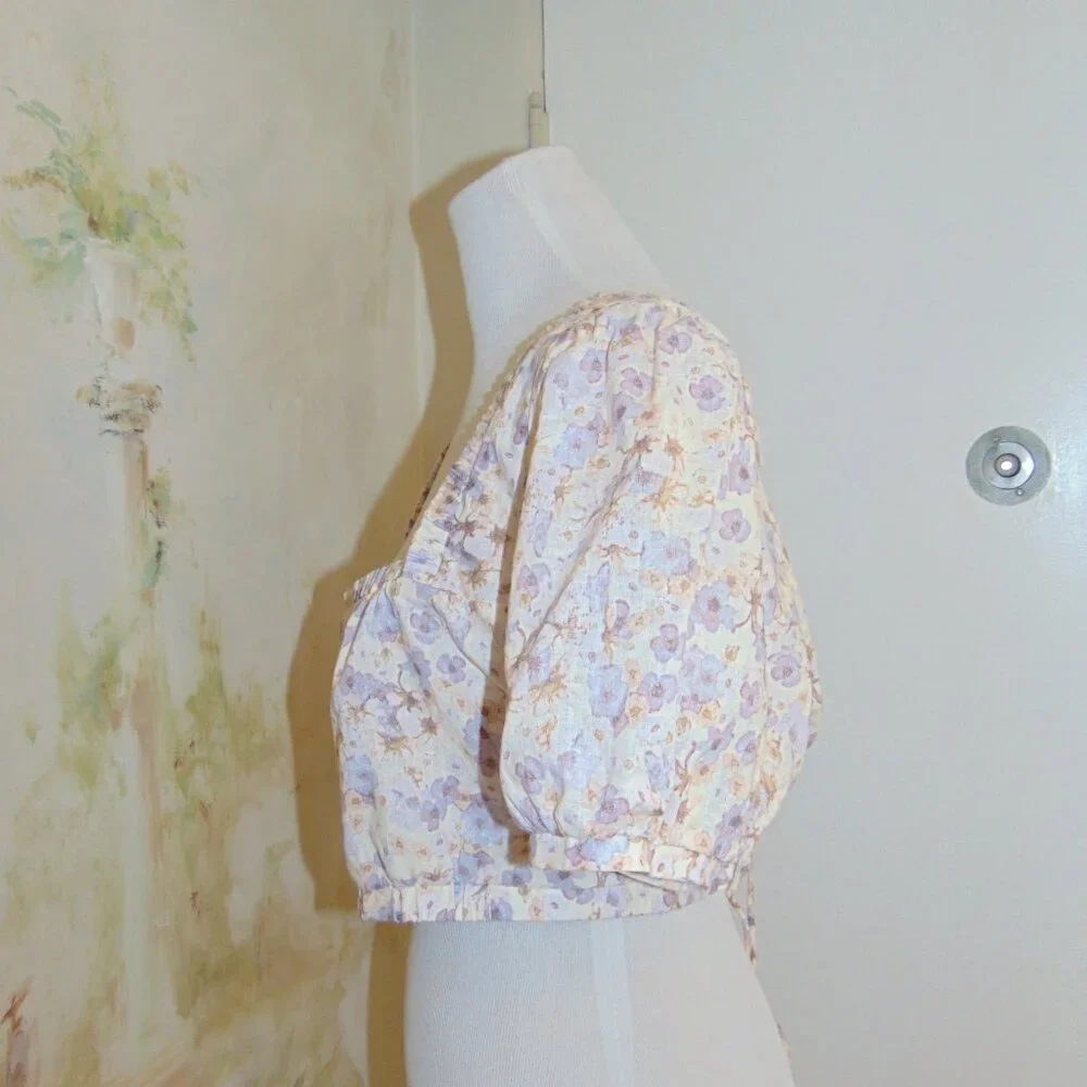 H&M LINEN Blend Cropped Watercolor Floral Blouse Top Prairie Corset Back Violet - Picture 3 of 10